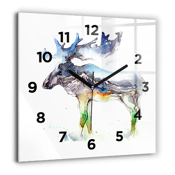 Wanduhr quadratisch Elch und Berglandschaft