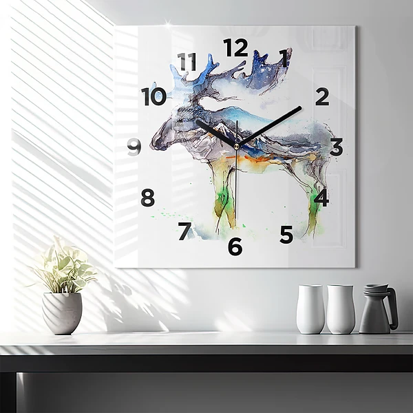 Wanduhr quadratisch Elch und Berglandschaft