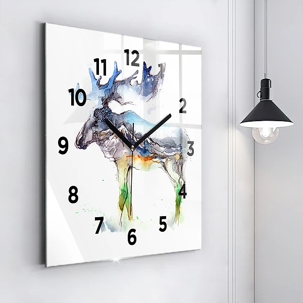 Wanduhr quadratisch Elch und Berglandschaft