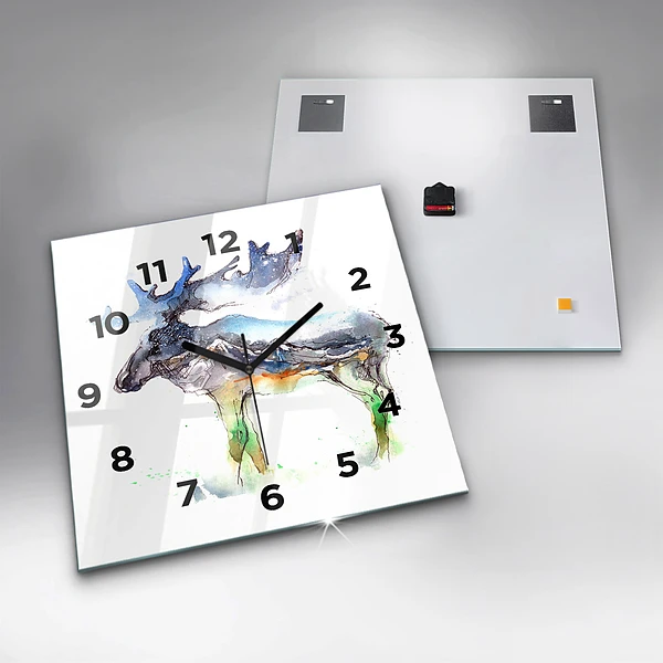 Wanduhr quadratisch Elch und Berglandschaft