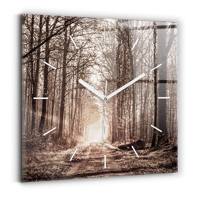 Wanduhr quadratisch Waldweg in Sepia