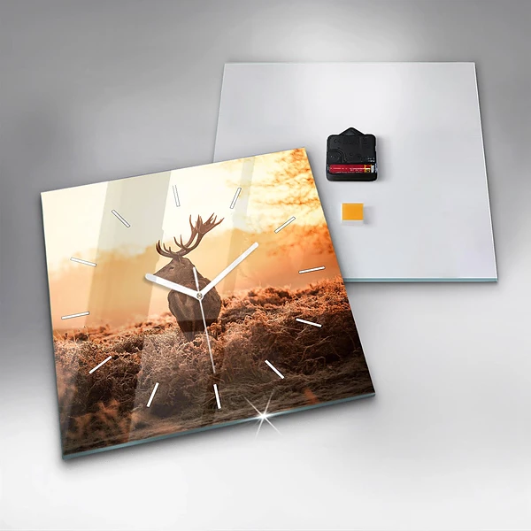 Wanduhr modern quadratisch Hirsche bei Sonnenaufgang