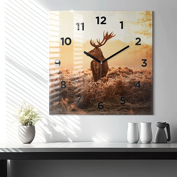 Wanduhr modern quadratisch Hirsche bei Sonnenaufgang