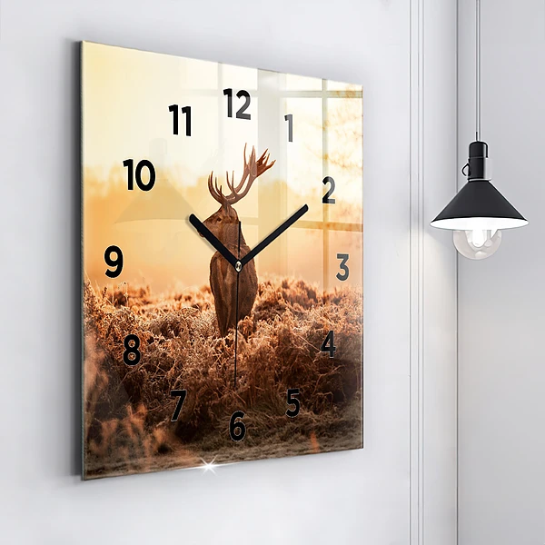 Wanduhr modern quadratisch Hirsche bei Sonnenaufgang