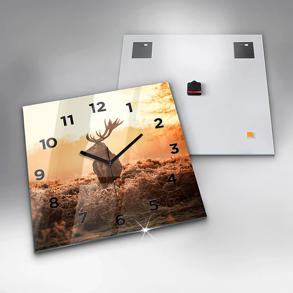 Wanduhr modern quadratisch Hirsche bei Sonnenaufgang