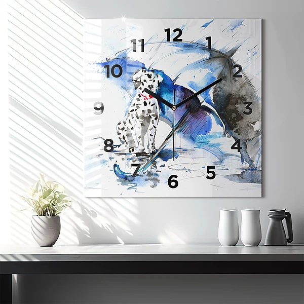 Wanduhr quadratisch Dalmatiner und Regenschirm