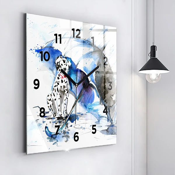 Wanduhr quadratisch Dalmatiner und Regenschirm
