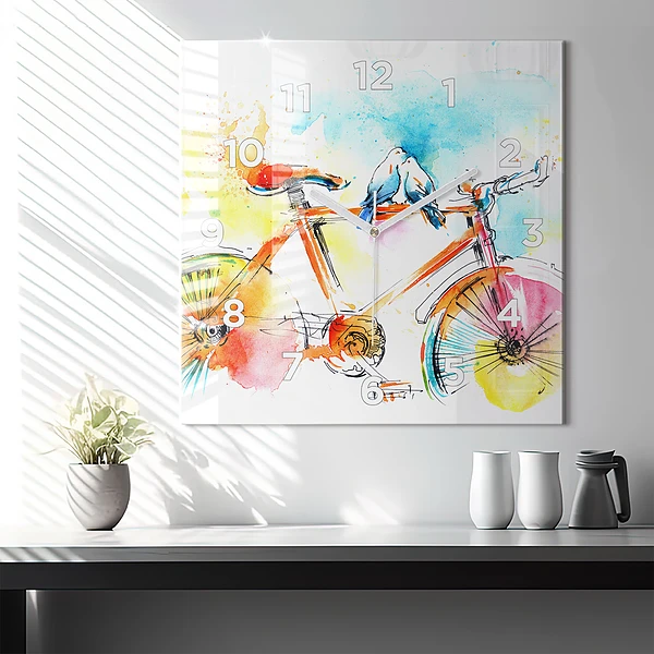 Wanduhr quadratisch mit motiv Bemaltes Fahrrad
