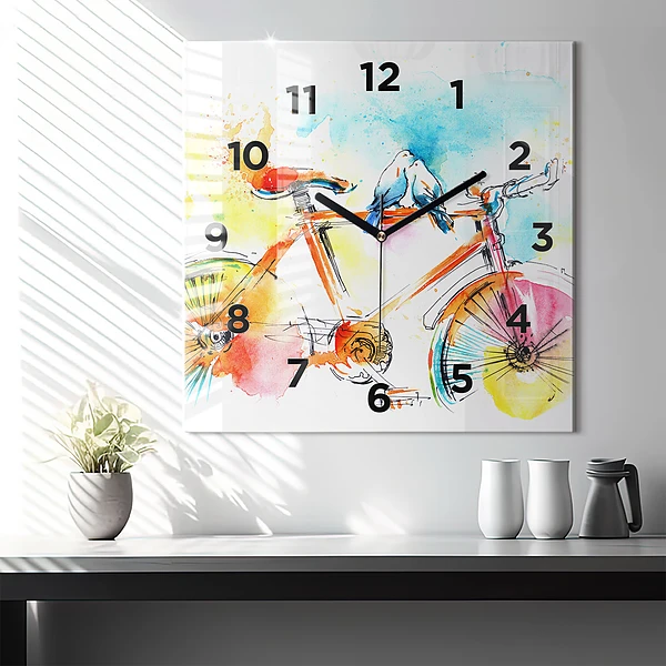Wanduhr quadratisch mit motiv Bemaltes Fahrrad