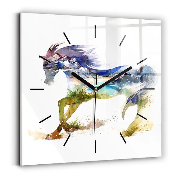 Wanduhr modern quadratisch Bemalter Berg und Pferd