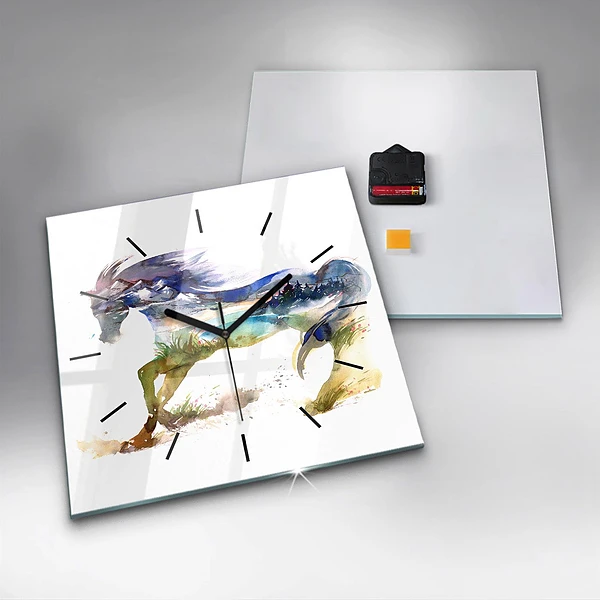 Wanduhr modern quadratisch Bemalter Berg und Pferd
