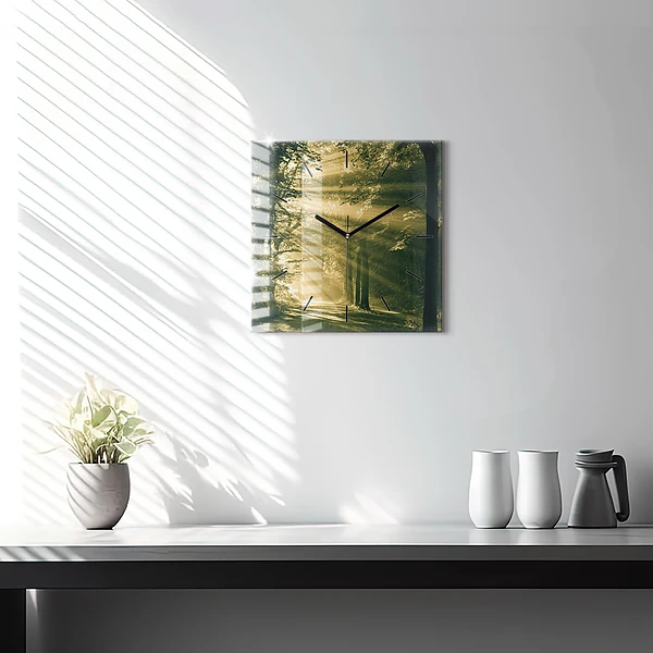 Wanduhr modern quadratisch Sonnenstrahlen Wald