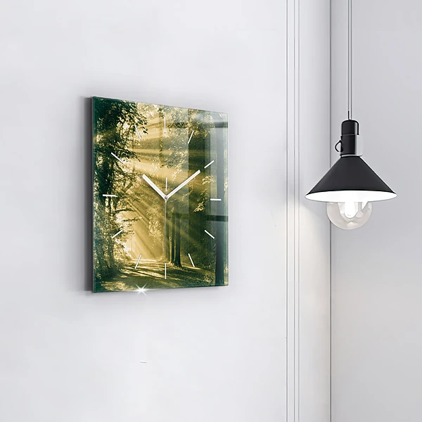 Wanduhr modern quadratisch Sonnenstrahlen Wald