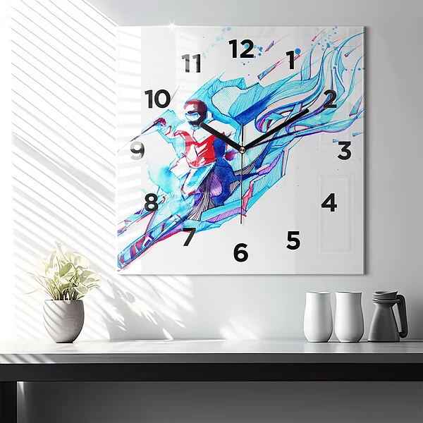 Wanduhr quadratisch mit motiv Skifahrer