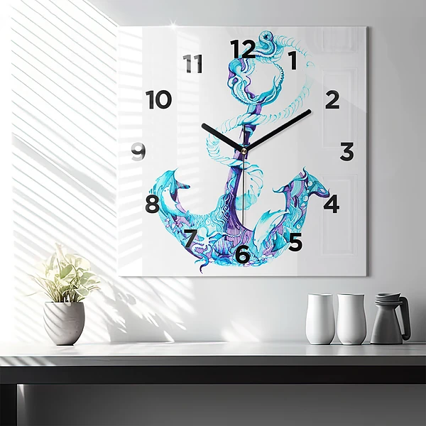 Wanduhr modern quadratisch Anker im Meer