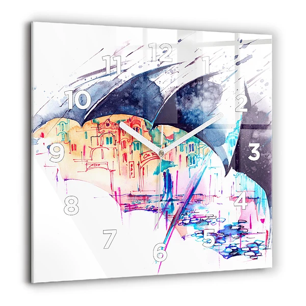 Wanduhr quadratisch Regenschirm und Stadt