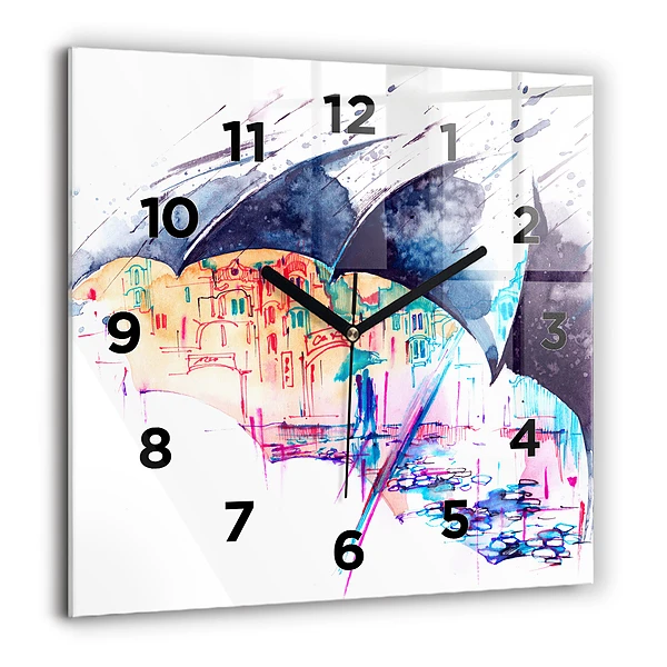 Wanduhr quadratisch Regenschirm und Stadt
