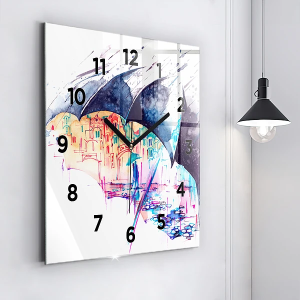 Wanduhr quadratisch Regenschirm und Stadt