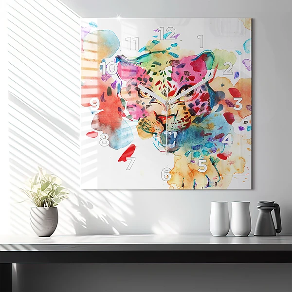 Wanduhr quadratisch mit motiv Wildkatze abstrakt