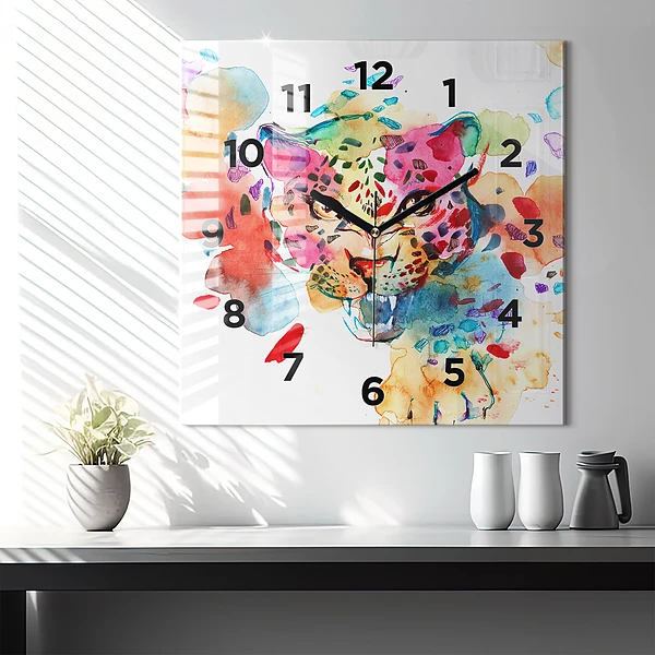 Wanduhr quadratisch mit motiv Wildkatze abstrakt