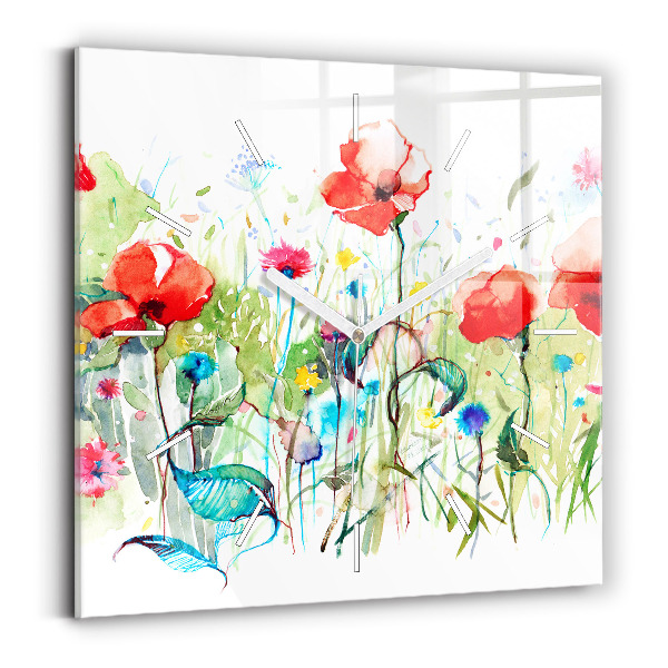 Wanduhr quadratisch Mohnblumen auf einer Wiese