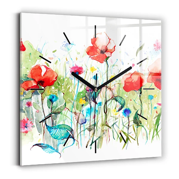 Wanduhr quadratisch Mohnblumen auf einer Wiese