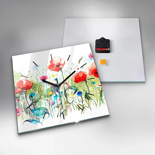 Wanduhr quadratisch Mohnblumen auf einer Wiese