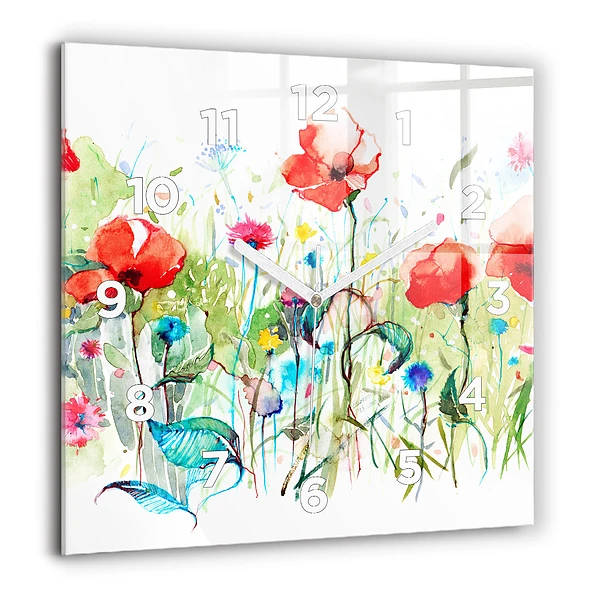 Wanduhr quadratisch Mohnblumen auf einer Wiese