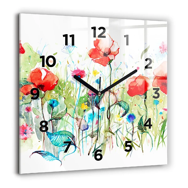 Wanduhr quadratisch Mohnblumen auf einer Wiese