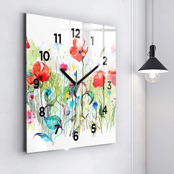 Wanduhr quadratisch Mohnblumen auf einer Wiese