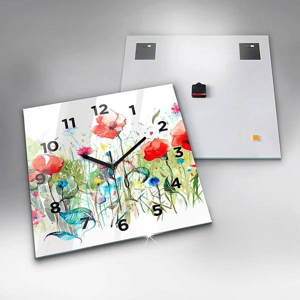 Wanduhr quadratisch Mohnblumen auf einer Wiese