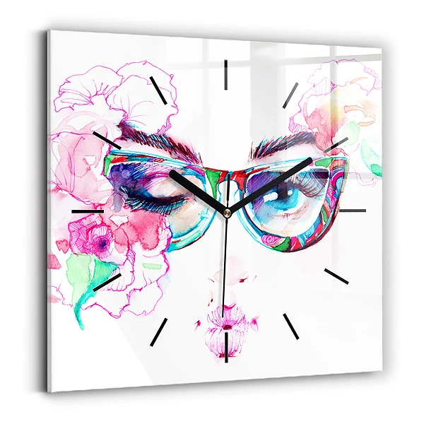 Wanduhr quadratisch Gesicht einer Frau mit Brille