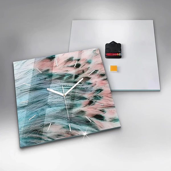 Wanduhr quadratisch mit motiv Bunte Federn