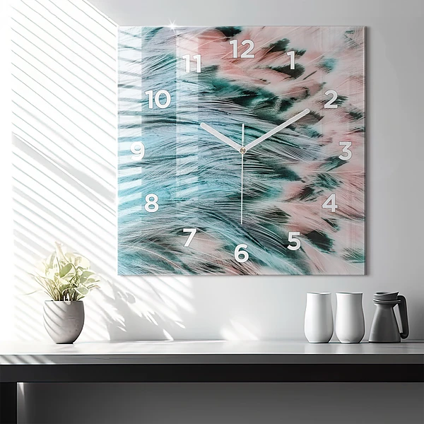 Wanduhr quadratisch mit motiv Bunte Federn