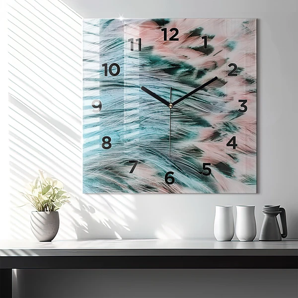 Wanduhr quadratisch mit motiv Bunte Federn