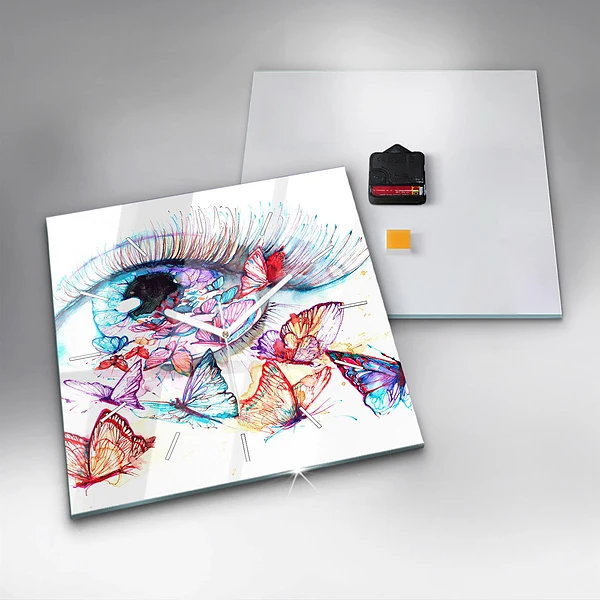 Wanduhr quadratisch Farbige Augen Schmetterlinge