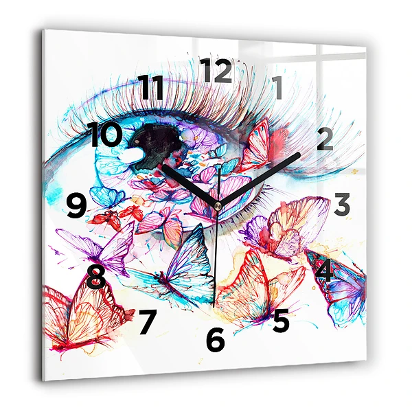 Wanduhr quadratisch Farbige Augen Schmetterlinge