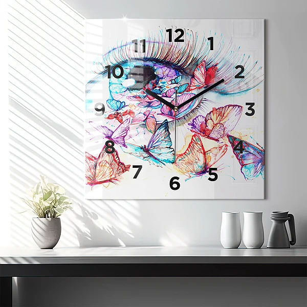 Wanduhr quadratisch Farbige Augen Schmetterlinge