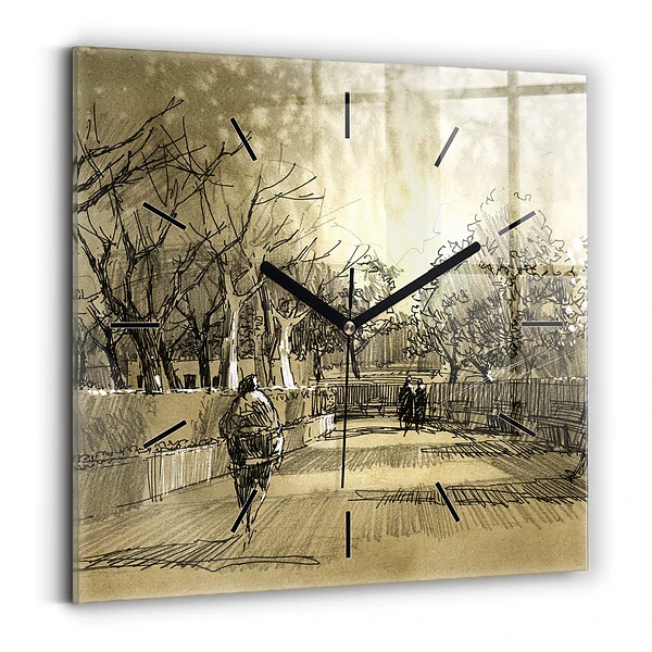 Wanduhr quadratisch Park und Bäume in Sepia