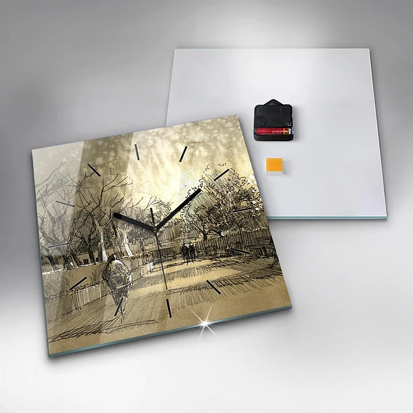 Wanduhr quadratisch Park und Bäume in Sepia