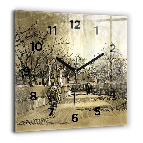 Wanduhr quadratisch Park und Bäume in Sepia