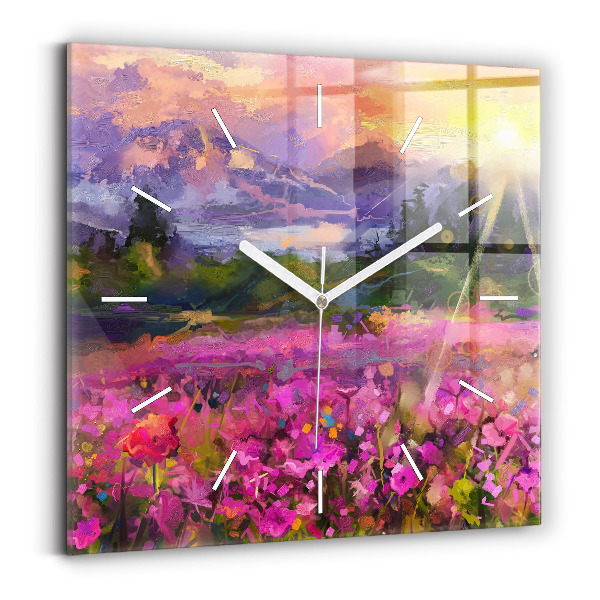 Wanduhr modern quadratisch Landschaft aus Natur und Blumen
