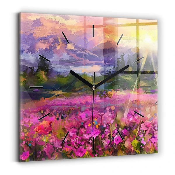 Wanduhr modern quadratisch Landschaft aus Natur und Blumen
