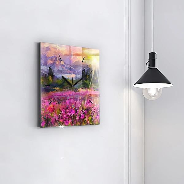 Wanduhr modern quadratisch Landschaft aus Natur und Blumen