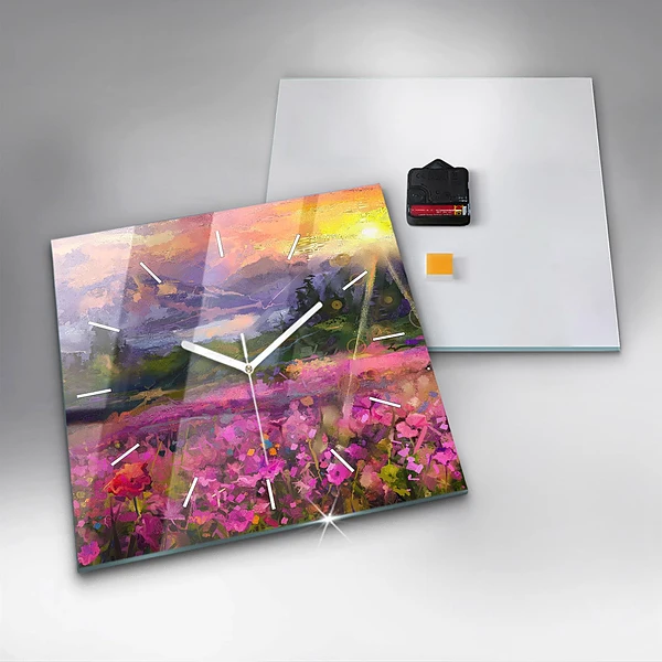 Wanduhr modern quadratisch Landschaft aus Natur und Blumen
