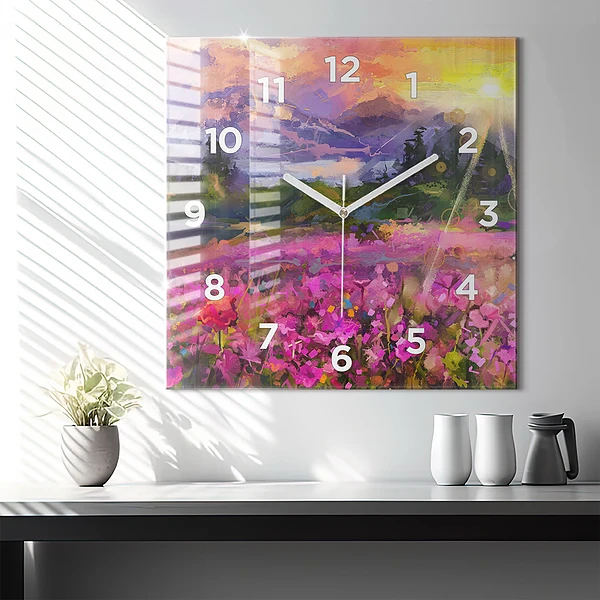 Wanduhr modern quadratisch Landschaft aus Natur und Blumen