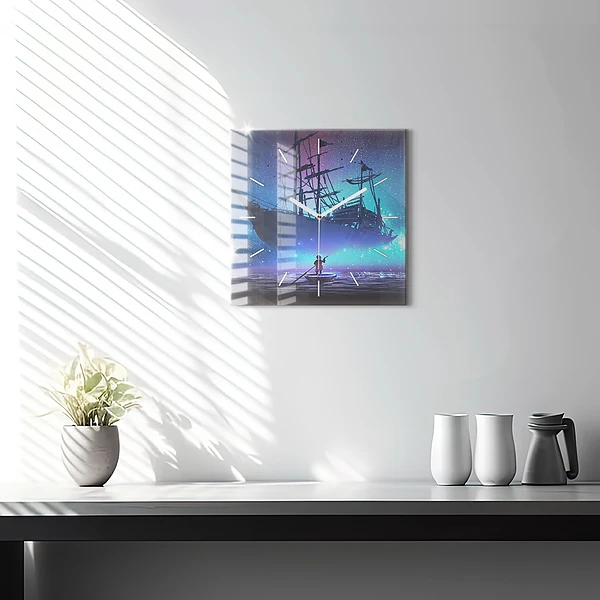 Wanduhr quadratisch Fantasie-Segelschiff