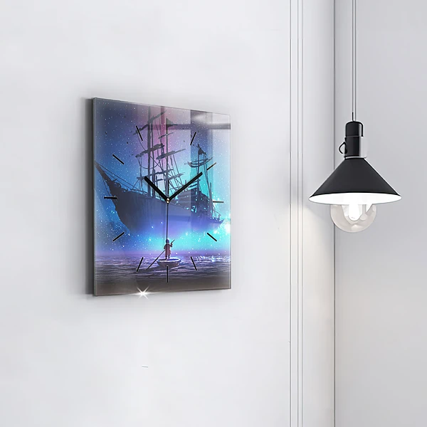Wanduhr quadratisch Fantasie-Segelschiff
