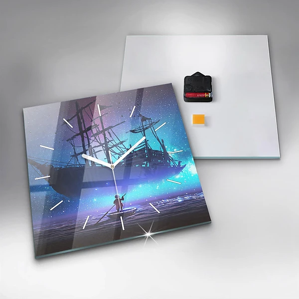 Wanduhr quadratisch Fantasie-Segelschiff