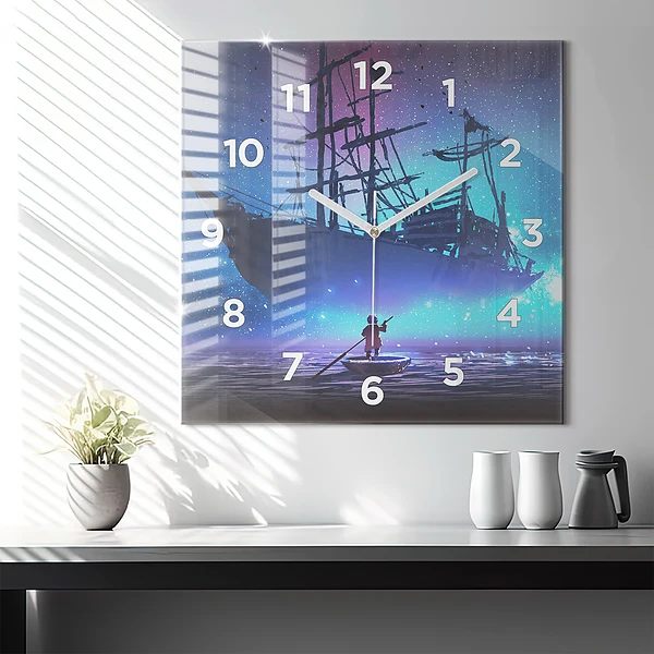 Wanduhr quadratisch Fantasie-Segelschiff